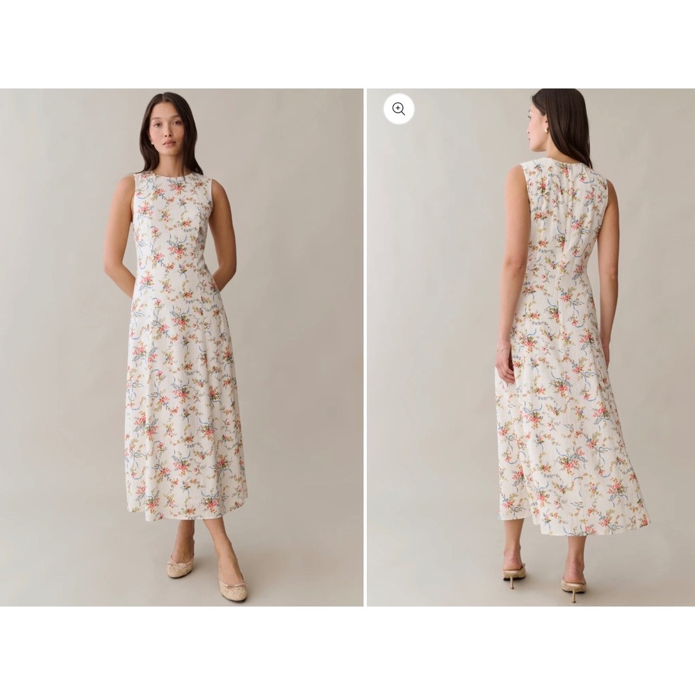 Sorella Sarabeth Dress Floral Midi Dress Cream Pink Blue Viscose Linen Size 6